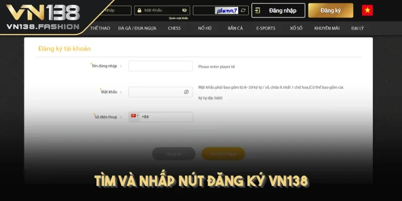 Tìm và nhấp nút đăng ký VN138