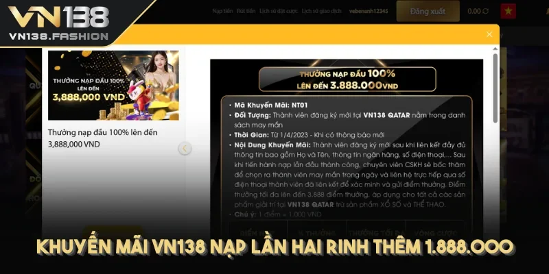 Khuyến mãi VN138 nạp lần hai rinh thêm 1.888.000